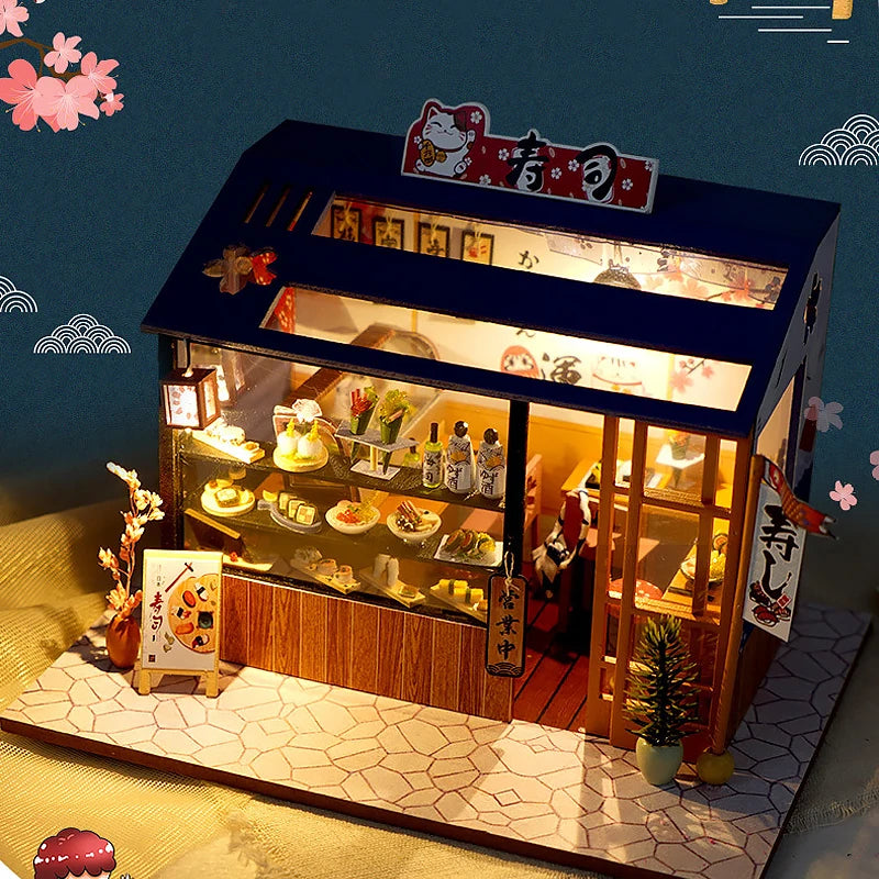 DIY Miniature Sushi Restaurant Kit – Detailed Wooden Dollhouse with LED & Furniture