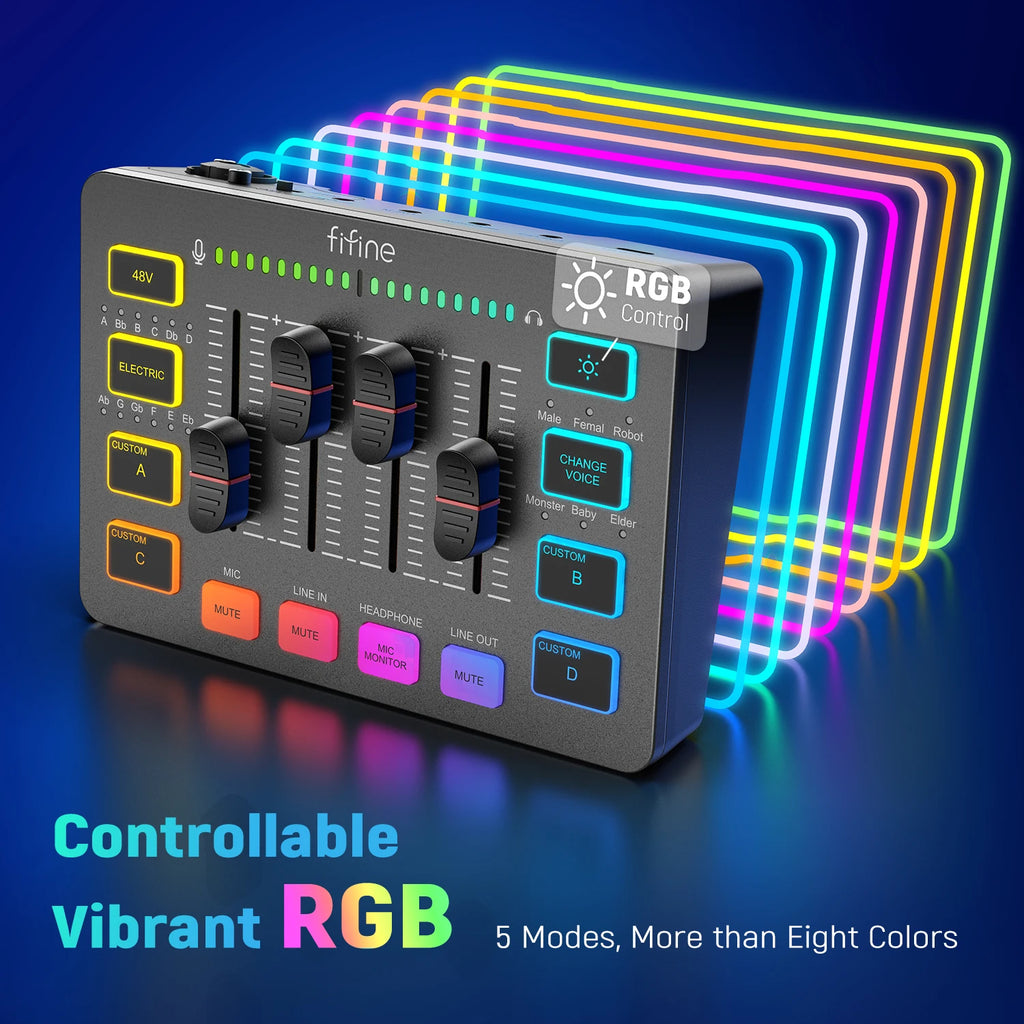 FIFINE AmpliGame SC3 4-Channel RGB Audio Mixer for Streaming & Gaming – XLR Mic Interface, Voice Mixing, Podcast Compatible