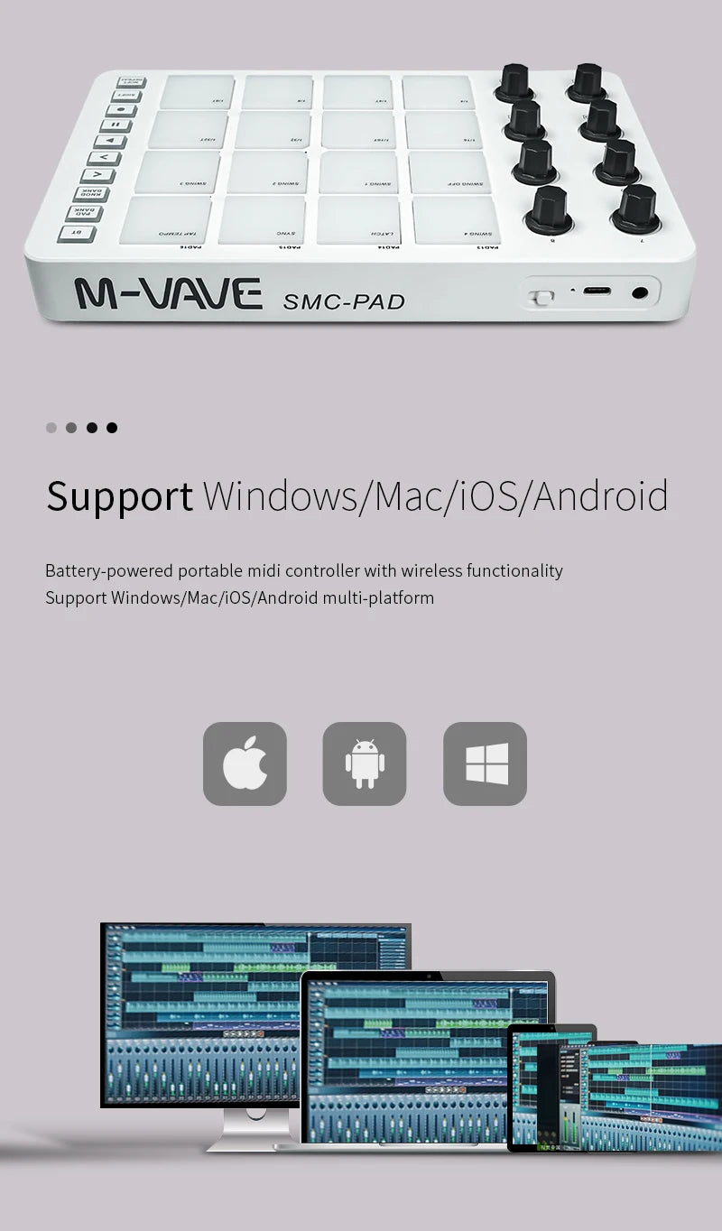 M-VAVE SMC-PAD Wireless MIDI Controller Suitable Percussion Keyboard USB-C Interface Portable Design Small MIDI Pad