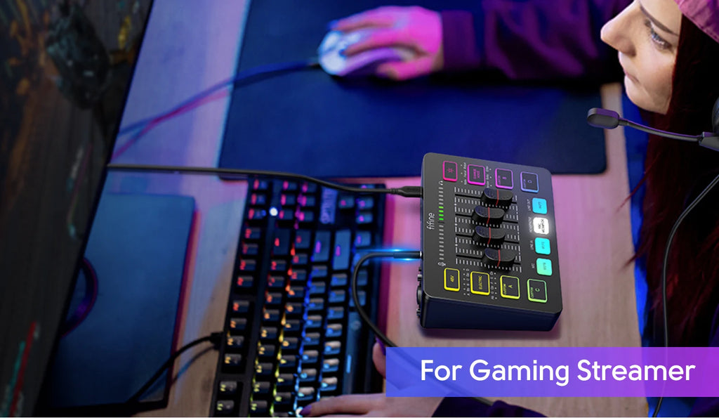 FIFINE AmpliGame SC3 4-Channel RGB Audio Mixer for Streaming & Gaming – XLR Mic Interface, Voice Mixing, Podcast Compatible