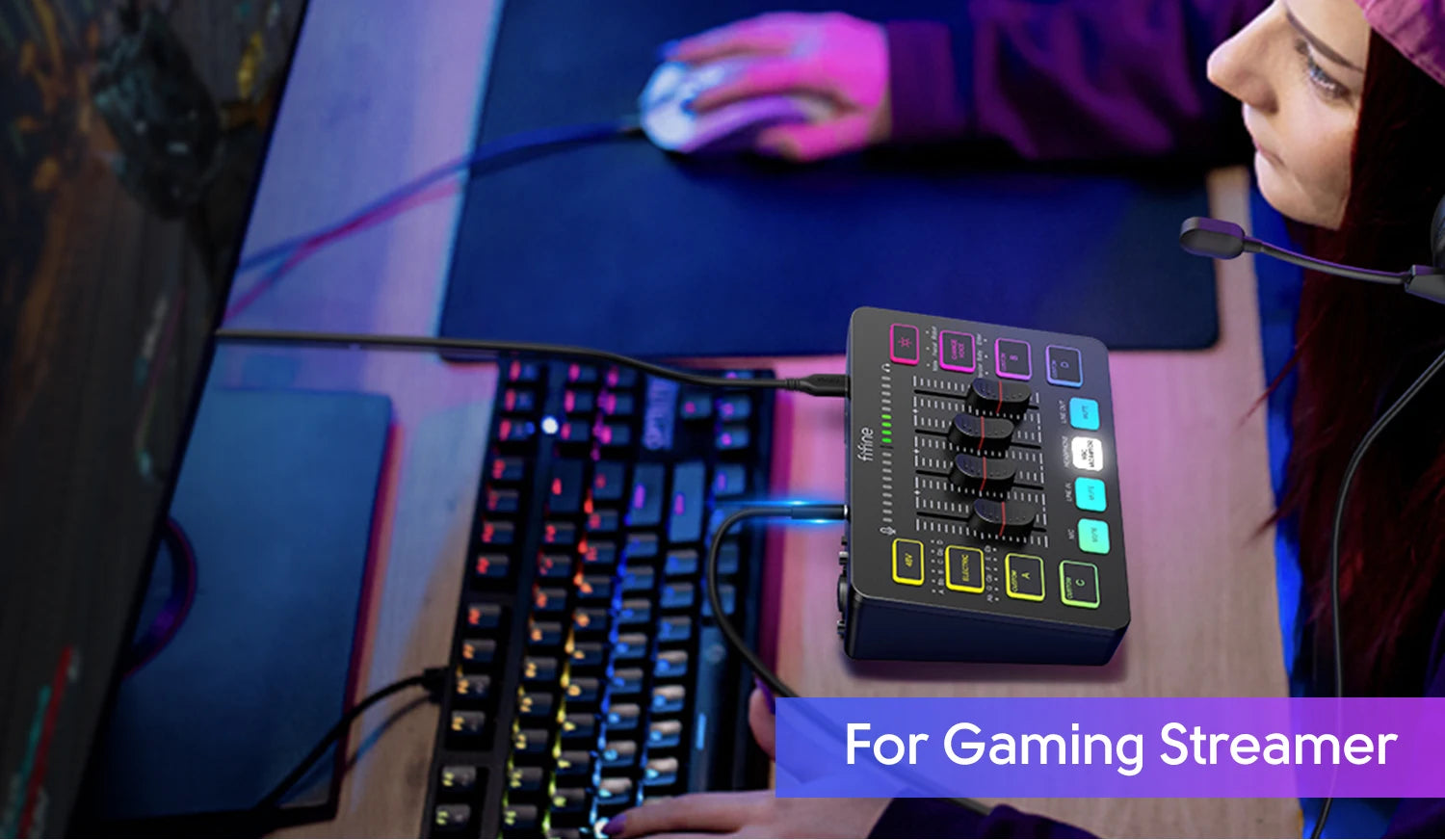 FIFINE AmpliGame SC3 4-Channel RGB Audio Mixer for Streaming & Gaming – XLR Mic Interface, Voice Mixing, Podcast Compatible