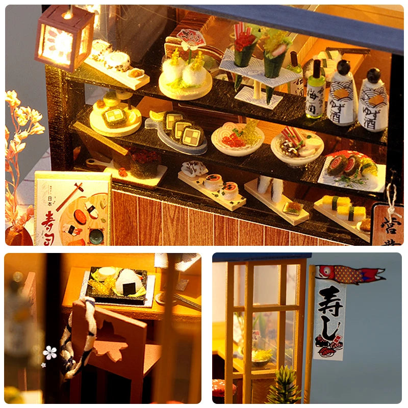 DIY Miniature Sushi Restaurant Kit – Detailed Wooden Dollhouse with LED & Furniture
