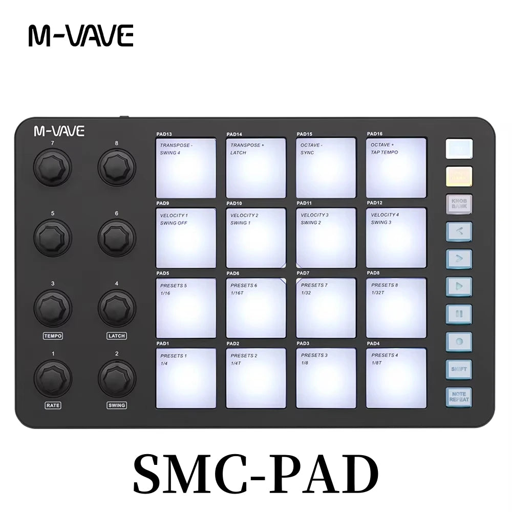 M-VAVE SMC-PAD Wireless MIDI Controller Suitable Percussion Keyboard USB-C Interface Portable Design Small MIDI Pad