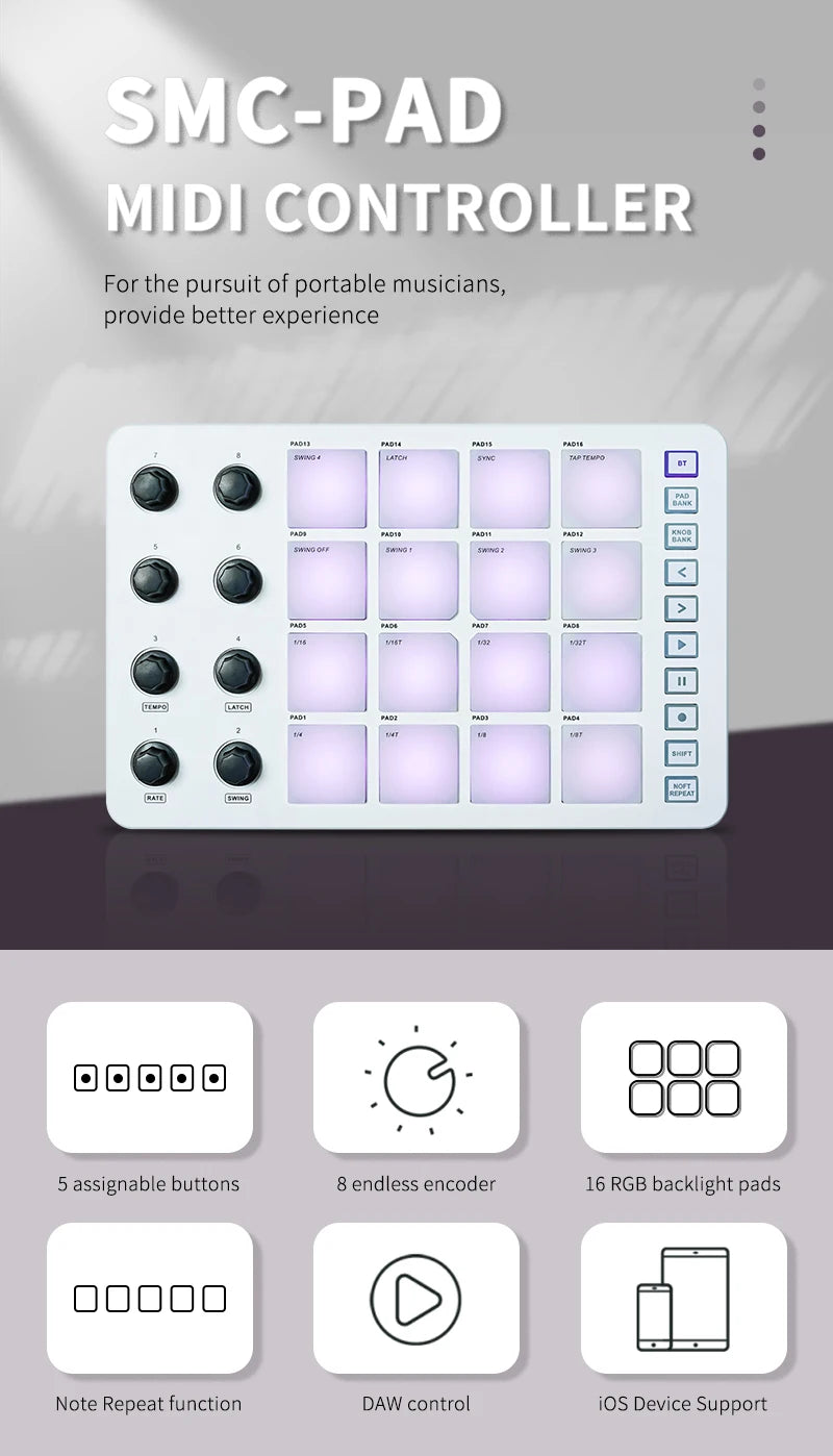 M-VAVE SMC-PAD Wireless MIDI Controller Suitable Percussion Keyboard USB-C Interface Portable Design Small MIDI Pad