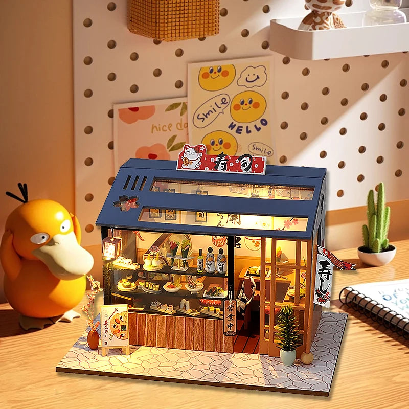 DIY Miniature Sushi Restaurant Kit – Detailed Wooden Dollhouse with LED & Furniture