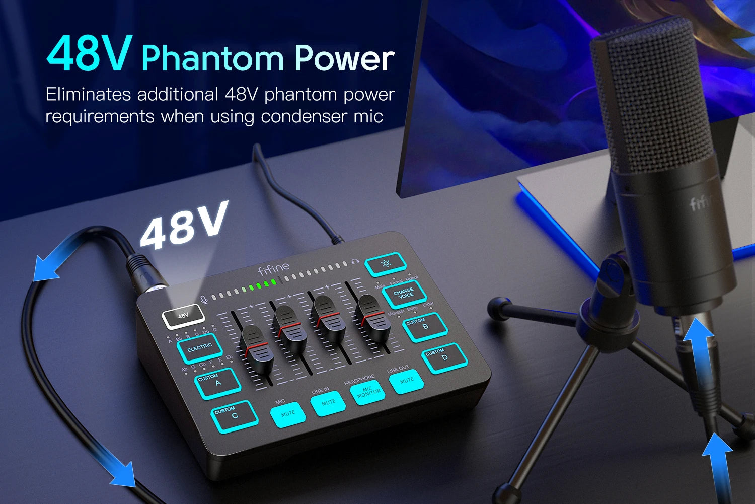 FIFINE AmpliGame SC3 4-Channel RGB Audio Mixer for Streaming & Gaming – XLR Mic Interface, Voice Mixing, Podcast Compatible