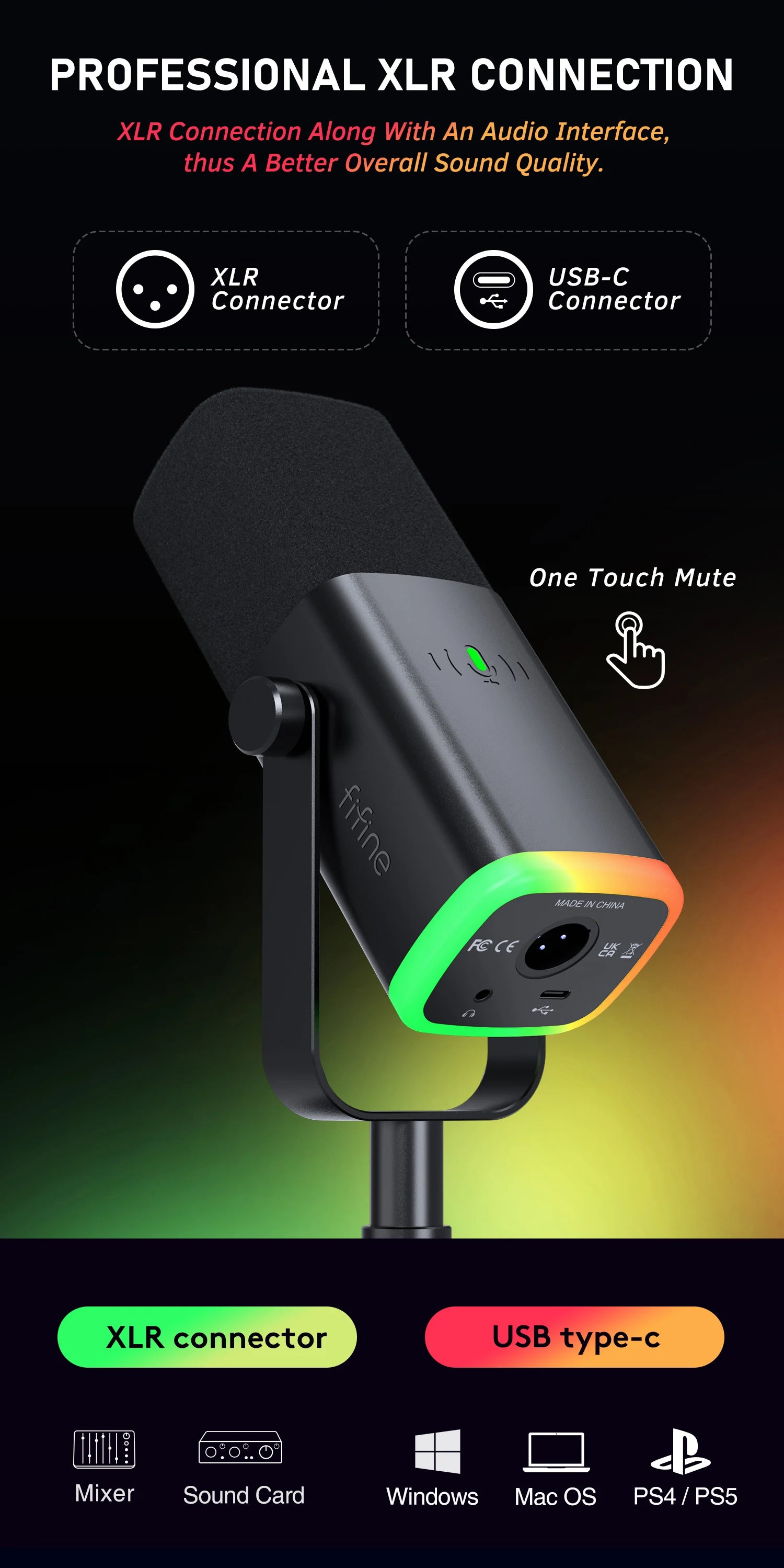 FIFINE AM8 USB/XLR Dynamic Gaming Microphone with Touch Mute, Headphone Jack, and I/O Controls – Compatible with PC, PS5/PS4 Mixer