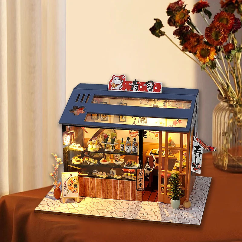 DIY Miniature Sushi Restaurant Kit – Detailed Wooden Dollhouse with LED & Furniture
