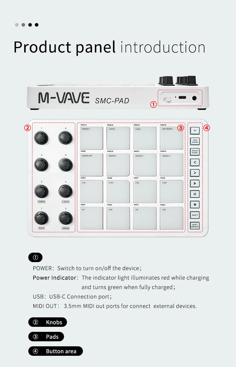 M-VAVE SMC-PAD Wireless MIDI Controller Suitable Percussion Keyboard USB-C Interface Portable Design Small MIDI Pad