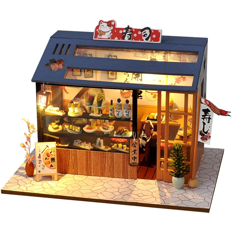 DIY Miniature Sushi Restaurant Kit – Detailed Wooden Dollhouse with LED & Furniture