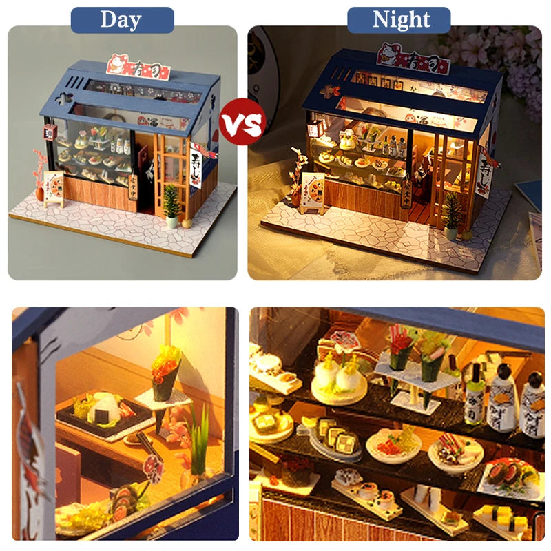 DIY Miniature Sushi Restaurant Kit – Detailed Wooden Dollhouse with LED & Furniture